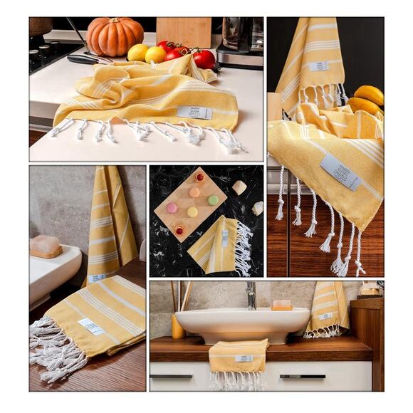 Turkish Cotton Hand Towels for Kitchen Bathroom Set of 6, 30”x 18”Mustard Yellow - Picture 4 of 5
